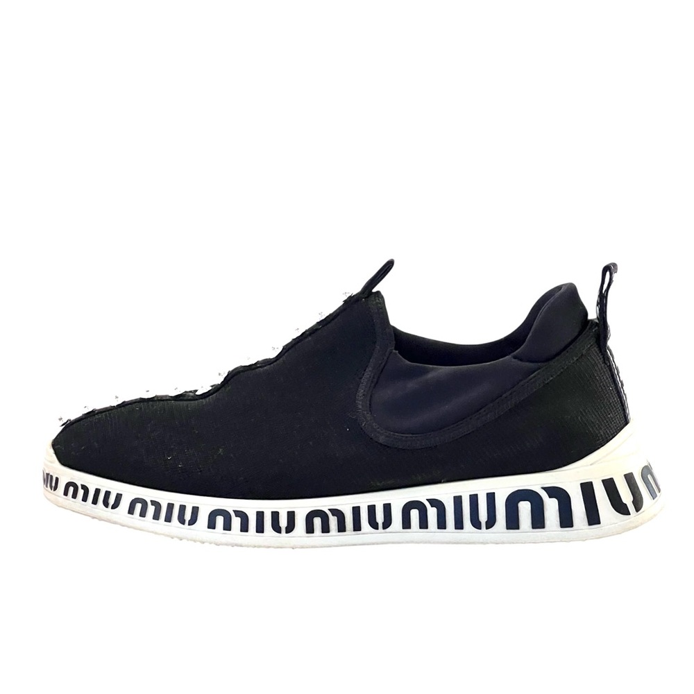 Miu Miu Black Crystals Embellished Fabric Run Slip On Sneakers